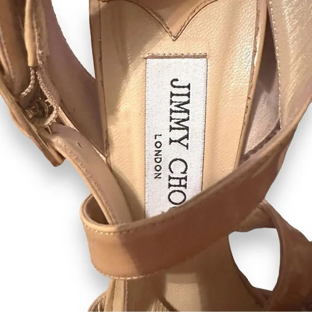 Jimmy‎ Choo Beige Patent Leather Vamp Sandals Stiletto Heels Sz 38.5